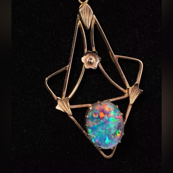 Antique Art Nouveau Australian Opal Triplet Lavaliere Pendant 9K Gold - Picture 5 of 15
